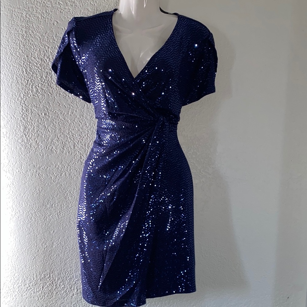 Blue Sequin Ruched V-Neck Mini Dress size 8p